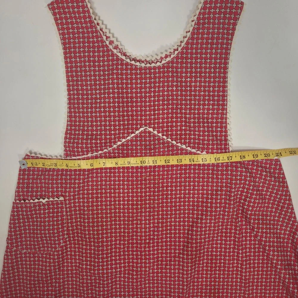 Vintage Handmade Vest Bib Apron Red And White Geometric Print Back Tie 1 Pocket